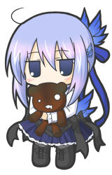 Rule 34 | 1girl, black bow, black footwear, black ribbon, blue ribbon, blush, boots, bow, character request, chibi, commentary request, covered mouth, cross-laced footwear, hair between eyes, hair ribbon, jitome, lace-up boots, long hair, long sleeves, looking at viewer, hugging object, pandora hearts, purple eyes, purple hair, purple skirt, ri-net, ribbon, shirt, sidelocks, skirt, solo, stuffed animal, stuffed toy, teddy bear, white shirt