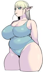 Rule 34 | 1girl, absurdres, arms behind back, bare shoulders, blonde hair, blue eyes, breasts, collarbone, cropped legs, curvy, elf, elf-san wa yaserarenai., erufuda-san, highres, huge breasts, long hair, looking away, open mouth, plump, pointy ears, simple background, solo, swimsuit, synecdoche, thick thighs, thighs, white background