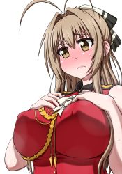 Rule 34 | 10s, 1girl, aiguillette, amagi brilliant park, antenna hair, blush, bow, breast suppress, breasts, brown eyes, covered erect nipples, frown, hair bow, hanya (hanya yashiki), highres, large breasts, long hair, sento isuzu, simple background, solo, sweat, white background