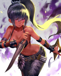 Rule 34 | 1girl, bare shoulders, belt, bikini, bikini top only, black bikini, black pants, blade &amp; soul, blush, bracelet, breasts, canking, collarbone, colored skin, cowboy shot, dagger, dark-skinned female, dark skin, dual wielding, facial mark, hair between eyes, highres, holding, holding weapon, jewelry, jin (blade &amp; soul), knife, leaning forward, long hair, looking at viewer, medium breasts, nail polish, navel, pants, parted lips, pink eyes, ponytail, purple hair, red nails, red skin, serious, shuriken, signature, smile, solo, spiked bracelet, spikes, swimsuit, v-shaped eyebrows, very long hair, weapon
