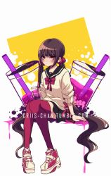 Rule 34 | 1girl, beige shirt, blunt bangs, bow, bubble tea, commentary, criis-chan, danganronpa (series), danganronpa v3: killing harmony, drinking straw, duplicate, full body, hair ornament, hairclip, harukawa maki, long hair, long sleeves, looking at viewer, low twintails, miniskirt, mole, mole under eye, oversized object, pleated skirt, red eyes, red scrunchie, red thighhighs, school uniform, scrunchie, serafuku, shoes, sitting, skirt, sneakers, solo, symbol-only commentary, thighhighs, twintails, twitter username, very long hair, yellow background, zettai ryouiki