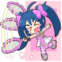 Rule 34 | &gt; &lt;, blue hair, capcom, chibi, child, happy, heart, justice gakuen, karuizawa momo, racket, ribbon, shoes, socks, tennis racket, twintails
