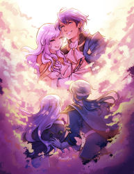 Rule 34 | 2boys, 2girls, blue hair, brother and sister, cape, cloud, deirdre (fire emblem), father and daughter, father and son, fire emblem, fire emblem: genealogy of the holy war, headband, highres, julia (fire emblem), long hair, mother and daughter, mother and son, multiple boys, multiple girls, nintendo, parent and child, seliph (fire emblem), siblings, sigurd (fire emblem), smile, tiuana rui, wavy hair, white hair