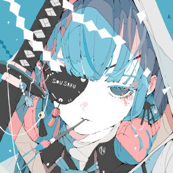 Rule 34 | 1girl, absurdres, black shirt, blue background, blue eyes, blue hair, blunt bangs, close-up, collared shirt, commentary request, earrings, eyepatch, headphones, headphones around neck, highres, hood, hood up, hoodie, jewelry, katana, long hair, looking at viewer, mouth hold, no pupils, nocopyrightgirl, original, paintbrush, pale skin, portrait, scabbard, serious, sheath, shirt, solo, sword, tassel, tassel earrings, weapon