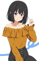 Rule 34 | 1girl, alternate hair length, alternate hairstyle, bare shoulders, black hair, black pants, blush, brown shirt, closed mouth, collarbone, commentary request, dars (recolors), hand up, highres, inoue takina, long sleeves, looking at viewer, lycoris recoil, off-shoulder shirt, off shoulder, pants, purple eyes, shirt, shirt tucked in, short hair, sitting, smile, solo