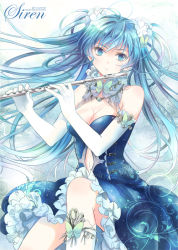 Rule 34 | 1girl, bare shoulders, blue dress, blue eyes, blue hair, breasts, bug, butterfly, cleavage, dress, elbow gloves, flute, frills, gathers, gloves, hair ornament, hatsune miku, insect, instrument, kamui (kamuikaoru), kneehighs, light particles, long hair, matching hair/eyes, navel, open mouth, sitting, socks, solo, twintails, vocaloid, white gloves, white socks