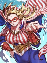 Rule 34 | 1girl, absurdres, american flag, american flag print, blonde hair, blowing kiss, blue bodysuit, blue eyes, blue sky, bodysuit, boku no hero academia, breasts, bright pupils, cape, cloud, cowboy shot, domino mask, flag print, flying, gauntlets, gradient sky, hair slicked back, hand on own hip, heart, highres, large breasts, lips, long hair, looking at viewer, mask, murasaki no ryuuki, muscular, muscular female, nose, one eye closed, outline, red mask, shiny clothes, sky, solo, spandex, star (symbol), star and stripe (boku no hero academia), striped bodysuit, striped cape, superhero costume, taut clothes, white pupils, wind