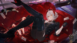 Rule 34 | 1girl, ahoge, antennae, arknights, black gloves, black jacket, boots, breasts, card, cat, coin, couch, ergouzi echo, gloves, grey hair, high heel boots, high heels, highres, horns, indoors, jacket, looking at viewer, lying, medium breasts, on back, on couch, parted lips, playing card, smile, solo, tail, thigh boots, w (arknights), w (wanted) (arknights), yellow eyes