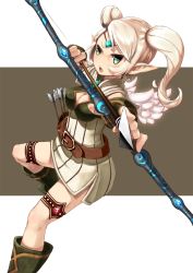 Rule 34 | 10s, 1girl, aiming, aiming at viewer, archer (dragon nest), arrow (projectile), bad id, bad pixiv id, blonde hair, boots, bow, bow (weapon), breasts, cleavage, cleavage cutout, clothing cutout, dragon nest, drawing bow, dress, elf, female focus, forehead jewel, green eyes, highres, holding, holding bow (weapon), holding weapon, marksman, nano dayo, no nose, pointy ears, short dress, solo, thigh strap, twintails, weapon, wings