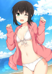 Rule 34 | 10s, 1girl, bikini, blush, breasts, brown hair, clenched hands, cloud, collarbone, cowboy shot, day, dutch angle, front-tie top, fubuki (kancolle), green eyes, hood, hooded track jacket, jacket, kantai collection, looking at viewer, nakamura sumikage, navel, one eye closed, open mouth, outdoors, short hair, short ponytail, sky, sleeves past wrists, small breasts, solo, stomach, swimsuit, track jacket, white bikini