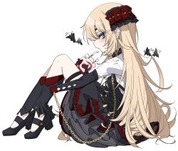 1girl absurdres alternate_costume black_dress black_footwear black_gloves blonde_hair blue_eyes blush chain collar dress fang gloves goddess_of_victory:_nikke gold_chain guillotine_(nikke) hair_ornament highres juice long_hair looking_at_viewer sitting solo tomato_juice tu_pa_pa_pa