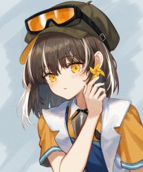 Rule 34 | 1girl, :o, arknights, bird mask, brown hair, earrings, flower (symbol), goggles, goggles on headwear, hand up, hat, head tilt, highres, jewelry, magallan (arknights), magallan (let&#039;s carnival!) (arknights), mask, mask around neck, multicolored hair, open mouth, orange shirt, shirt, short sleeves, spacelongcat, streaked hair, yellow eyes