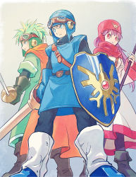 Rule 34 | 1girl, 2boys, blonde hair, breasts, cape, closed mouth, commentary request, curly hair, dragon quest, dragon quest ii, dress, gloves, goggles, goggles on head, goggles on headwear, hat, hood, long hair, long sleeves, multiple boys, prince of lorasia, prince of samantoria, princess of moonbrook, purple hair, red eyes, robe, simple background, smile, spiked hair, staff, sword, weapon, white robe, yuza