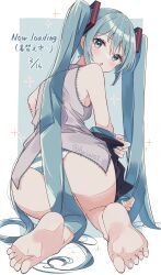 Rule 34 | 1girl, absurdres, aqua eyes, aqua hair, aqua nails, aqua panties, armpits, ass, bare shoulders, barefoot, blue background, blush, border, chestnut mouth, dated, dot nose, dress, english text, fingernails, from behind, full body, hair ornament, hasei (hasei01), hatsune miku, head tilt, highres, holding, holding clothes, holding skirt, japanese text, kneeling, long hair, looking at viewer, looking back, matching hair/eyes, nail polish, open mouth, outside border, panties, sidelocks, simple background, skirt, sleeveless, sleeveless dress, soles, solo, sparkle background, striped clothes, striped panties, text focus, toenail polish, toenails, toes, translation request, twintails, underwear, very long hair, vocaloid, watermark, white border, white panties