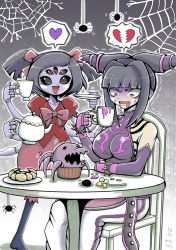 Rule 34 | 2girls, bow, breasts, bug, capcom, colored skin, crossover, extra arms, extra eyes, fangs, han juri, heart, arthropod girl, monster girl, muffet, multiple girls, purple skin, ribbon, silk, spider, spider girl, spider web, street fighter, tea, twintails, undertale