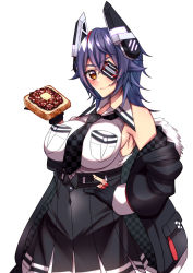 Rule 34 | 1girl, black jacket, black necktie, bread slice, breast pocket, breasts, checkered necktie, collared shirt, eyepatch, food, fur-trimmed jacket, fur trim, gloves, grin, hand on own hip, headgear, highres, holding, jacket, kantai collection, large breasts, long hair, looking at viewer, messy hair, necktie, partially fingerless gloves, pocket, purple hair, shirt, smile, solo, tenryuu (kancolle), toast, white background, yellow eyes, yuudadou