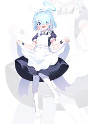 Rule 34 | 1girl, absurdres, alternate costume, apron, arona (blue archive), black dress, blue archive, blue eyes, blue hair, blue halo, blush, braid, dress, enmaided, full body, hair over one eye, halo, highres, maid, maid apron, open mouth, pantyhose, pink hair, puffy short sleeves, puffy sleeves, shirokuma (zeroillya), short hair, short sleeves, simple background, single braid, smile, solo, white apron, white background, white pantyhose, zoom layer