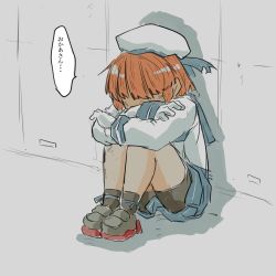 Rule 34 | 1girl, against wall, black socks, blue ribbon, blue sailor collar, blue skirt, bob cut, braid, dirty, dirty face, full body, gloves, hat, hat ribbon, highres, hugging own legs, kantai collection, long sleeves, pleated skirt, poyo (hellmayuge), red hair, ribbon, rudder footwear, sailor collar, sailor hat, shaded face, shadow, short hair, shorts, shorts under skirt, side braids, sitting, skirt, socks, solo, speech bubble, torn clothes, translation request, twin braids, white gloves