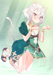 Rule 34 | 1girl, :&lt;, animal ears, bare shoulders, blush, bracelet, breasts, cameltoe, cat ears, cat tail, feet, hair between eyes, hair ornament, jewelry, kokkoro (princess connect!), looking at viewer, panties, paw pose, pointy ears, princess connect!, purple eyes, sandals, silver hair, small breasts, solo, subachi, sweatdrop, tail, toes, underwear, white panties