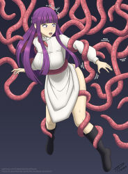 Rule 34 | 1girl, bdsm, bondage, bound, breasts, clothes, clothes lift, dress, dress lift, fern (sousou no frieren), from behind, highres, interspecies, large breasts, long hair, restrained, sex, sex from behind, sousou no frieren, tearing up, tentacles, the tentacle professor