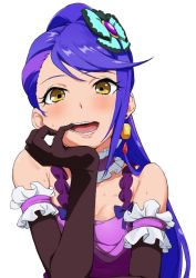 Rule 34 | 1girl, :d, aikatsu! (series), aikatsu stars!, bare shoulders, black gloves, blonde hair, blue hair, blush, earrings, elbow gloves, gloves, hair ornament, highres, jewelry, kisaragi tsubasa, long hair, looking at viewer, open mouth, osame, simple background, smile, solo, sweat, teeth, tongue, white background
