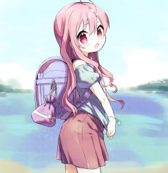 Rule 34 | 1girl, ahoge, amimi, backpack, bag, blue shirt, from side, long hair, looking at viewer, open mouth, original, outdoors, pink eyes, pink hair, pink skirt, randoseru, shirt, short sleeves, skirt, solo, water, wet, wet clothes, wringing clothes
