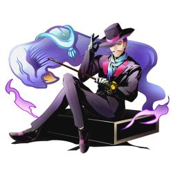 Rule 34 | 10s, 1boy, blue eyes, box, cane, clock, divine gate, eyelashes, facial hair, formal, full body, gloves, hat, hat over one eye, hat tip, loafers, male focus, mustache, official art, on box, paintbrush, parted lips, pencil as mustache, purple hair, salvador (divine gate), scarf, shoes, short hair, sitting, smile, solo, suit, transparent background, ucmm