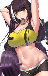 Rule 34 | 1girl, absurdres, alternate costume, armpits, arms behind head, black shorts, blush, breasts, brown hair, cleavage, closed mouth, collarbone, commentary, commission, english commentary, feet out of frame, girls&#039; frontline, hair ornament, hairclip, highres, large breasts, long hair, looking at viewer, mouth hold, multicolored hair, navel, pixiv commission, ro635 (girls&#039; frontline), sheita, shorts, simple background, solo, sports bra, standing, yellow eyes, yellow sports bra