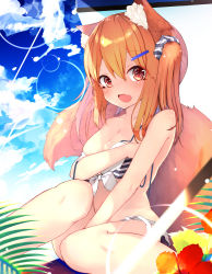 Rule 34 | 1girl, absurdres, animal ear fluff, animal ears, bare arms, bare shoulders, between legs, bikini, blue sky, blush, breasts, brown eyes, brown hair, cleavage, cloud, cloudy sky, collarbone, commentary request, day, fang, flower, fox ears, fox girl, fox tail, hair ornament, hair scrunchie, hairclip, hand between legs, highres, knee up, long hair, looking at viewer, mayogii, medium breasts, open mouth, original, outdoors, red flower, scrunchie, sitting, sky, solo, striped bikini, striped clothes, striped scrunchie, swimsuit, tail, tail raised, twintails