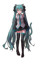 Rule 34 | 1girl, animal ears, aqua eyes, aqua hair, aqua necktie, black skirt, black thighhighs, cat ears, cat tail, closed mouth, collared shirt, detached sleeves, full body, grey shirt, hatsune miku, highres, long hair, looking at viewer, necktie, pleated skirt, reddizen, shirt, simple background, skirt, smile, solo, standing, tail, thighhighs, twintails, very long hair, vocaloid, white background
