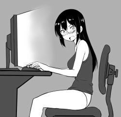 Rule 34 | 1girl, glasses, greyscale, long hair, looking at viewer, monitor, monochrome, open mouth, panties, simple background, sitting, solo, underwear, zaxwu