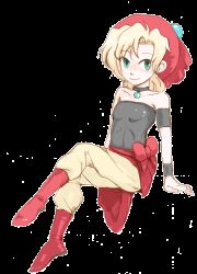 Rule 34 | 1girl, armband, bare shoulders, blonde hair, blush, boots, breasts, choker, commentary request, earrings, final fantasy, final fantasy vi, green eyes, hat, jewelry, relm arrowny, ribbon, short hair, small breasts, smile, solo, transparent background