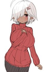 Rule 34 | 1girl, ahoge, breasts, commentary, dark skin, dark-skinned female, hair ornament, hair over one eye, hairclip, large breasts, looking at viewer, malice-chan (malice stella), malice stella, original, pantyhose, pointy ears, red eyes, red sweater, ribbed sweater, short hair, simple background, sketch, solo, sweater, white background, white hair