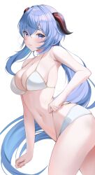 Rule 34 | 1girl, absurdres, alternate costume, armpits, bare arms, bare shoulders, bikini, blue eyes, blue hair, breasts, cleavage, cowboy shot, ganyu (genshin impact), genshin impact, goat horns, gold trim, halterneck, highleg, highleg bikini, highres, horns, long hair, looking at viewer, low ponytail, medium breasts, mole, mole on breast, navel, parted lips, rapi (zx4748), simple background, skindentation, smile, solo, stomach, string bikini, swimsuit, thighs, very long hair, white background, white bikini