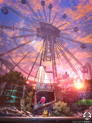 Rule 34 | amusement park, artist name, balloon, cloud, color creation, commentary request, cup, disposable cup, drink, drinking straw, evening, ferris wheel, highres, lamppost, no humans, original, outdoors, purple sky, ruins, scenery, sky, twilight, watermark