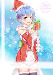 Rule 34 | 10s, 1girl, adapted costume, alternate costume, apron, bad id, bad pixiv id, blue background, blue eyes, blue hair, blush, bow, box, breasts, character name, christmas, cleavage, collar, colored eyelashes, cowboy shot, detached collar, detached sleeves, dress, elleco (bcf159), fingernails, frilled apron, frilled collar, frilled sleeves, frills, fur-trimmed legwear, fur-trimmed sleeves, fur hat, fur trim, gift, gift box, gradient background, green bow, hair between eyes, hair ornament, hair ribbon, hat, highres, holding, holding gift, looking at viewer, maid, maid apron, maid headdress, medium breasts, merry christmas, mini hat, open mouth, purple thighhighs, re:zero kara hajimeru isekai seikatsu, red dress, red hat, red ribbon, rem (re:zero), ribbon, ribbon-trimmed clothes, ribbon trim, santa costume, santa hat, shiny skin, short hair, simple background, smile, snowflakes, solo, teeth, thighhighs, upper teeth only, white background, x hair ornament