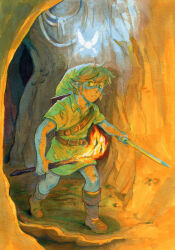 Rule 34 | 1boy, belt, blonde hair, brown belt, brown footwear, cave, closed mouth, dirty, fairy, fire, green headwear, green tunic, hat, holding, holding stick, holding sword, holding weapon, link, male focus, navi, nintendo, pointy ears, rvsa, shield, shield on back, short hair, stick, sword, the legend of zelda, the legend of zelda: ocarina of time, weapon, young link