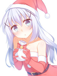 Rule 34 | 1girl, alternate costume, bare shoulders, belt, blue eyes, blue hair, christmas, commentary request, elbow gloves, gift, gloves, gochuumon wa usagi desu ka?, hair ornament, hairclip, hat, head tilt, holding, kafuu chino, long hair, looking at viewer, matching hair/eyes, racer (magnet), red gloves, santa costume, santa hat, simple background, solo, white background, x hair ornament