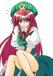 Rule 34 | 1girl, black ribbon, blue eyes, blush, bow, braid, breasts, china dress, chinese clothes, dress, female focus, hair bow, hat, hong meiling, large breasts, long hair, open mouth, red hair, ribbon, sitting, solo, star (symbol), embodiment of scarlet devil, touhou, twin braids, v arms