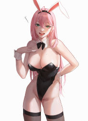 Rule 34 | 1girl, :d, animal ears, aqua eyes, bare shoulders, black leotard, black thighhighs, blush, breasts, cleavage, cocoro moto, commentary, detached collar, english commentary, fake animal ears, hand on own hip, hand on own chest, hand up, highleg, highleg leotard, highres, large breasts, leotard, long hair, looking at viewer, mole, mole on breast, open mouth, original, pink hair, playboy bunny, rabbit ears, simple background, smile, solo, teeth, thighhighs, veins, veiny breasts, very long hair, white background, wrist cuffs