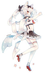 Rule 34 | 1girl, :o, animal ears, azur lane, bare shoulders, black bow, black footwear, black panties, black sailor collar, black skirt, bow, bowtie, brown eyes, cat ears, character name, commentary request, crop top, fang, floral print, frilled shirt, frilled thighhighs, frills, hair bow, highres, kikka (kicca choco), long hair, looking at viewer, looking to the side, open mouth, panties, panty peek, pleated skirt, red bow, red bowtie, ribbon-trimmed legwear, ribbon trim, sailor collar, school uniform, serafuku, shirt, sidelocks, silver hair, simple background, skirt, sleeveless, sleeveless shirt, solo, star (symbol), thighhighs, twintails, underwear, white background, white shirt, white thighhighs, yukikaze (azur lane)