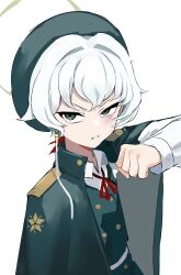 Rule 34 | 1girl, absurdres, ayo rimaisu, bruise, bruise on face, clenched hand, collared shirt, green eyes, green hat, green vest, halo, hashtag-only commentary, hat, highres, injury, kuzunoha rei, long sleeves, looking at viewer, neck ribbon, project kv, red ribbon, ribbon, shirt, short hair, simple background, solo, upper body, vest, white background, white hair, white shirt