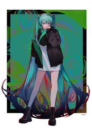 Rule 34 | 1girl, absurdly long hair, alternate costume, ankle boots, aqua hair, arm at side, bare legs, black border, black footwear, black jacket, boots, border, closed mouth, contrapposto, cross-laced footwear, curly hair, full body, green background, green theme, grey eyes, hair between eyes, hand up, hassan (sink916), hatsune miku, highres, jacket, lace-up boots, legs apart, light smile, limited palette, long hair, looking at viewer, multicolored background, no pants, open clothes, open jacket, outline, platform boots, platform footwear, psychedelic, red outline, ringed eyes, shirt, simple background, sleeves past wrists, solo, square, standing, straight hair, tsurime, twintails, two-sided fabric, two-sided jacket, very long hair, vocaloid, white border, white shirt