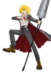 Rule 34 | 1girl, black coat, black pants, blonde hair, boots, brown footwear, coat, collared shirt, don quixote (project moon), ff nami, full body, hand up, highres, holding, holding polearm, holding weapon, limbus company, looking to the side, necktie, open mouth, pants, polearm, project moon, red necktie, shirt, short hair, smile, solo, standing, standing on one leg, weapon, white shirt, yellow eyes