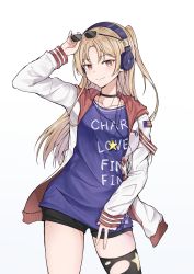 Rule 34 | 1girl, absurdres, azur lane, blonde hair, breasts, cleveland (azur lane), cleveland (road trip!) (azur lane), headphones, highres, jacket, long hair, mango (mgo), one side up, ponytail, red eyes, shorts, single thighhigh, small breasts, smile, sunglasses, sunglasses on head, thighhighs