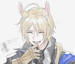 Rule 34 | 1boy, 1other, ahoge, animal ear fluff, animal ears, arknights, black jacket, black scarf, blonde hair, blush, chibi, chibi inset, closed eyes, commentary, cropped torso, doctor (arknights), gauntlets, happy, highres, horse boy, horse ears, jacket, laughing, long hair, mlynar (arknights), mlynar (w dali) (arknights), mlynar (w dali) (arknights), open mouth, scarf, simple background, smile, solo focus, teeth, translation request, upper body, white background, yakota (usuk-yako)