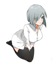 Rule 34 | 1girl, between legs, black thighhighs, breasts, character request, copyright request, dress shirt, green eyes, grey hair, hair over one eye, hand between legs, large breasts, leaning forward, looking at viewer, mole, mole under eye, parted lips, sente, shirt, short hair, simple background, solo, thighhighs, white background, white shirt