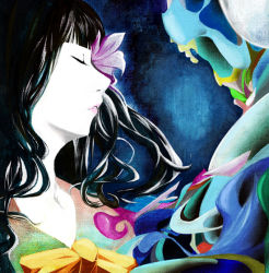 Rule 34 | 1girl, abstract, black hair, blue background, bow, closed eyes, collarbone, faux traditional media, female focus, flower, flower eyepatch, flower over eye, hime cut, houraisan kaguya, lips, long hair, neck, nose, pink lips, portrait, savan, solo, surreal, touhou