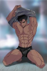 Rule 34 | 1boy, :q, abs, absurdres, armpits, bad id, bad pixiv id, bara, bare pectorals, black hair, black male underwear, blurry, blurry background, boxer briefs, bulge, clothes lift, commentary request, dark-skinned male, dark skin, highres, large pectorals, long sideburns, looking at viewer, male focus, male underwear, muscular, muscular male, navel, navel hair, nipples, no pants, original, pectorals, shirt lift, short hair, sideburns, smirk, solo, squatting, stomach, thick thighs, thighs, tongue, tongue out, torawar, underwear, undressing