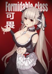 Rule 34 | 1girl, azur lane, bare shoulders, between breasts, black dress, breasts, brown eyes, cleavage, commentary request, cum, cum on body, cum on breasts, cum on upper body, dress, formidable (azur lane), frilled dress, frills, grey hair, highres, komi (komiking), large breasts, long hair, looking at viewer, maid, open mouth, platinum blonde hair, red background, ribbon, translation request, twintails, two-tone dress, two-tone ribbon, very long hair